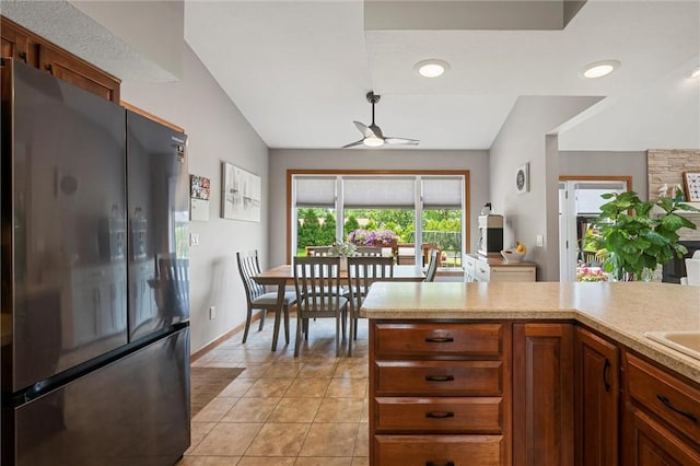 3893 Windsor Ct, Hermitage, PA 16148 - kitchen featuring freestanding refrigerator, light countertops, a ceiling fan, light tile patterned floors, and baseboards