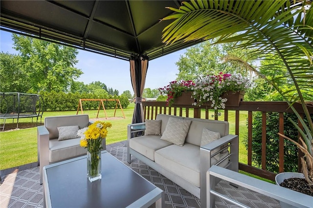3893 Windsor Ct, Hermitage, PA 16148 - view of patio / terrace with a trampoline, an outdoor living space, a gazebo, and a playground