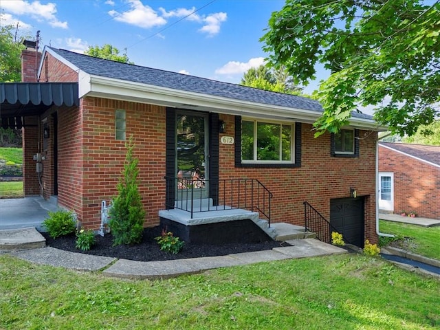 612 Blossom Dr, Baldwin Boro, PA 15236 - view of front of home with brick siding, a chimney, a garage, a front lawn, and roof with shingles