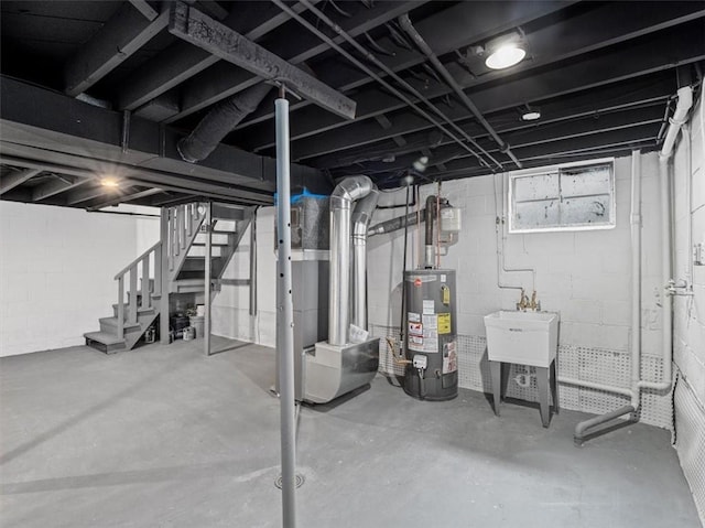 612 Blossom Dr, Baldwin Boro, PA 15236 - basement featuring water heater, stairway, heating unit, and a sink