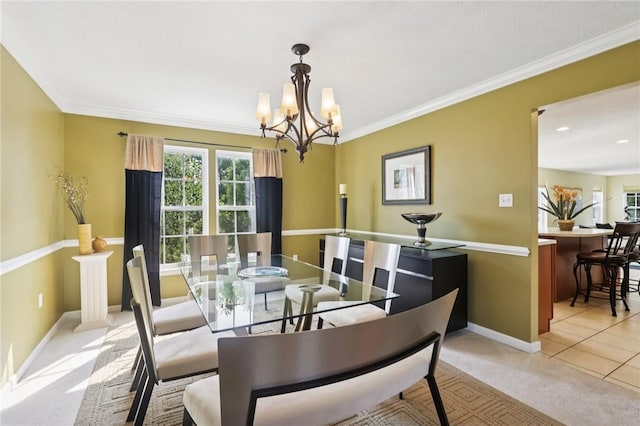 4324 Grandview Dr, Richland, PA 15044 - dining area featuring a chandelier, baseboards, light colored carpet, and crown molding