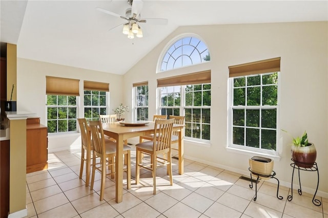 4324 Grandview Dr, Richland, PA 15044 - dining space featuring a ceiling fan, vaulted ceiling, light tile patterned floors, and baseboards