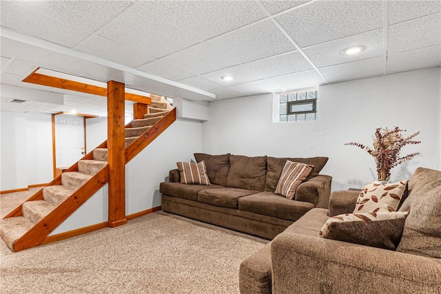 2693 Crosby Ave, Dormont, PA 15216 - living area featuring stairway, carpet flooring, a paneled ceiling, baseboards, and recessed lighting