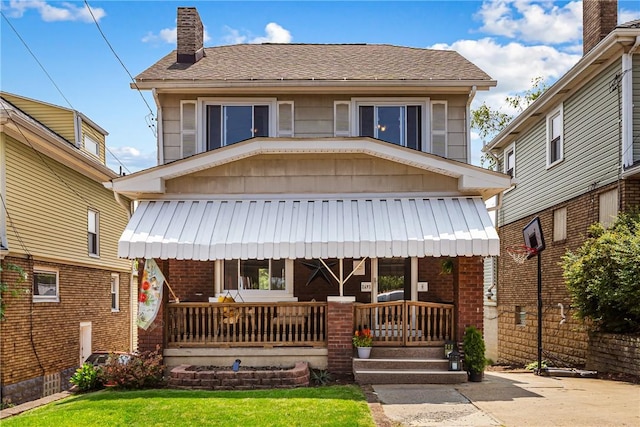 2693 Crosby Ave, Dormont, PA 15216 - view of front of home featuring covered porch, a chimney, brick siding, and roof with shingles