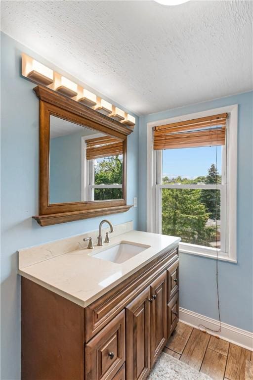 2693 Crosby Ave, Dormont, PA 15216 - bathroom featuring vanity, wood finished floors, baseboards, plenty of natural light, and a textured ceiling