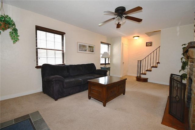 21 Leon Rd, Green Tree, PA 15220 - living room featuring ceiling fan, light carpet, stairway, and baseboards