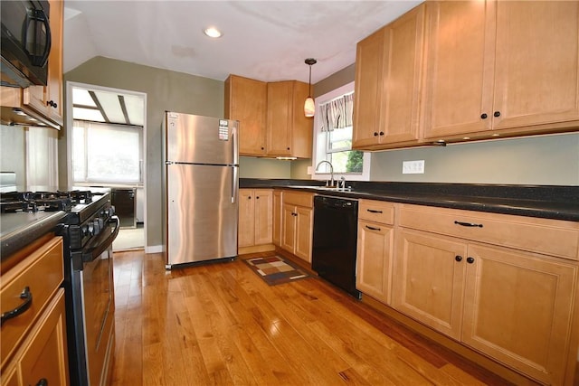 21 Leon Rd, Green Tree, PA 15220 - kitchen featuring black appliances, a sink, light wood-style floors, dark countertops, and decorative light fixtures