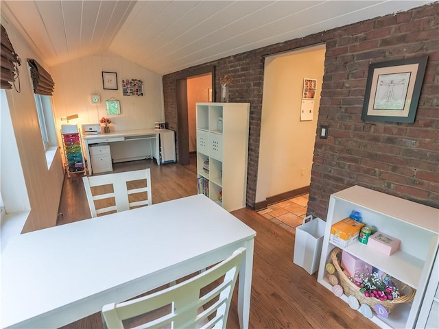 464 Avon Dr, Mt Lebanon, PA 15228 - kitchen featuring brick wall, lofted ceiling, and wood finished floors
