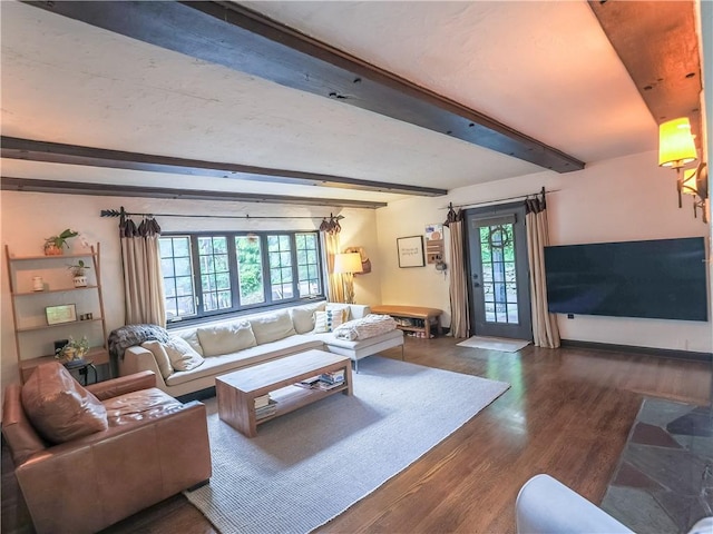 464 Avon Dr, Mt Lebanon, PA 15228 - living area with beamed ceiling, dark wood-type flooring, and baseboards