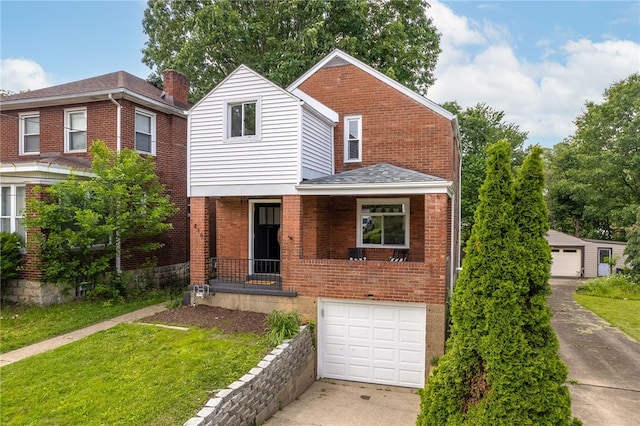 1416 Swantek St, Sheraden, PA 15204 - view of front facade with brick siding, concrete driveway, an attached garage, and a front lawn