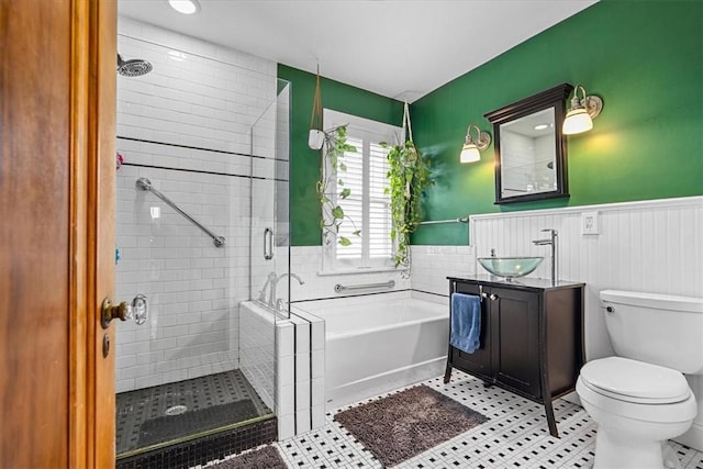 2352 Beaufort Ave, Brookline, PA 15226 - full bathroom with a bath, a stall shower, vanity, a wainscoted wall, and toilet