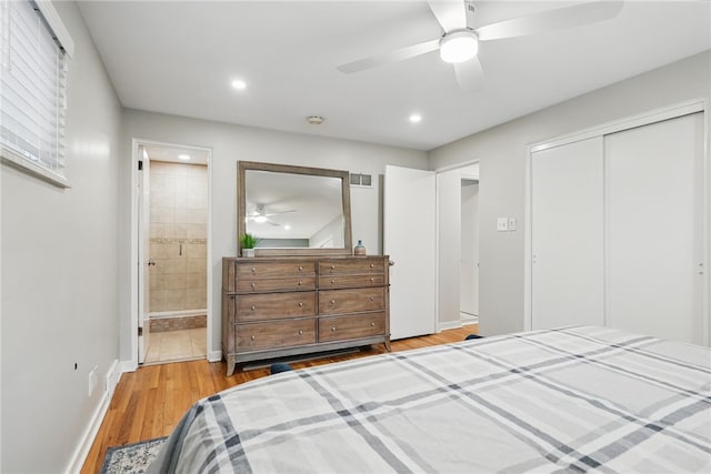 1450 Mohican Dr, Mt Lebanon, PA 15228 - bedroom featuring a closet, wood finished floors, recessed lighting, ensuite bath, and ceiling fan