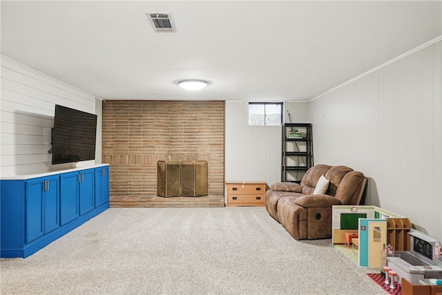 1450 Mohican Dr, Mt Lebanon, PA 15228 - living area featuring carpet floors, a brick fireplace, and wood walls