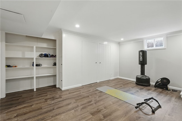 1450 Mohican Dr, Mt Lebanon, PA 15228 - workout area featuring wood finished floors, baseboards, and recessed lighting
