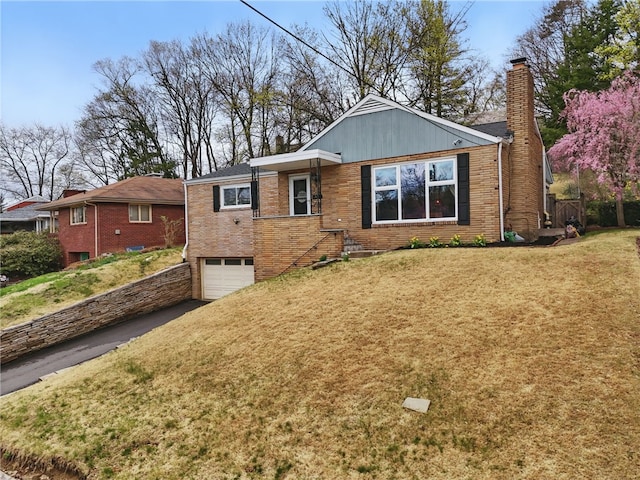 1450 Mohican Dr, Mt Lebanon, PA 15228 - ranch-style home featuring a chimney, an attached garage, driveway, a front yard, and brick siding