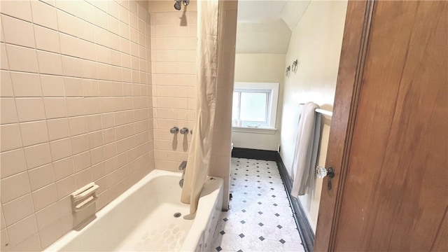 5427 Bartlett St, Squirrel Hill, PA 15217 - bathroom with tile patterned floors, shower / tub combo, and baseboards
