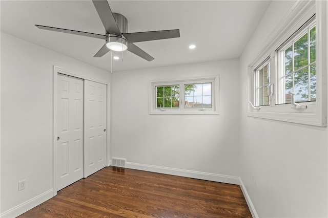 5360 California Ave, Bethel Park, PA 15102 - unfurnished bedroom with baseboards, dark wood finished floors, recessed lighting, a closet, and ceiling fan
