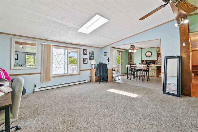 4041 Second St, Hempfield Twp Wml, PA 15642 - interior space with a baseboard heating unit, ceiling fan, crown molding, carpet floors, and lofted ceiling