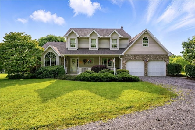 79 Mariacher Rd, Findley Twp, PA 16137 - traditional home featuring covered porch, gravel driveway, a front yard, and a garage