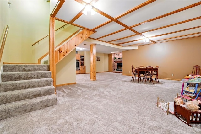 79 Mariacher Rd, Findley Twp, PA 16137 - recreation room featuring a large fireplace, baseboards, and carpet floors