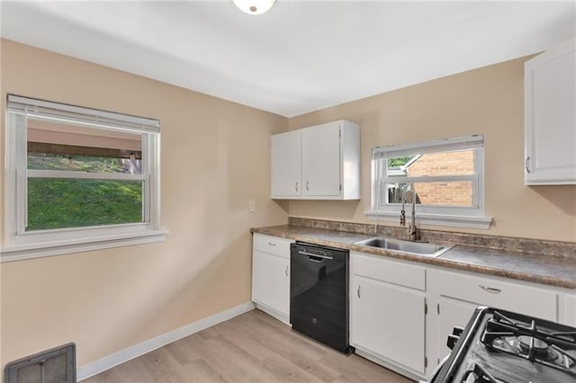 427 Cedar St, Jeannette, PA 15644 - kitchen featuring black dishwasher, a sink, light wood-style flooring, white cabinets, and baseboards