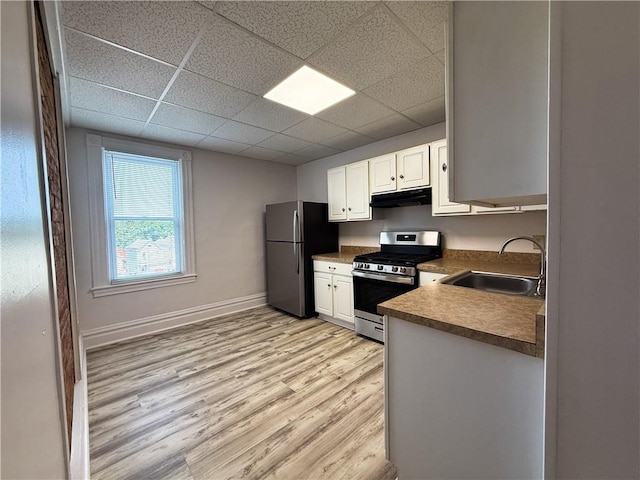 610 Southern Ave, Mt Washington, PA 15211 - kitchen with appliances with stainless steel finishes, a sink, under cabinet range hood, a drop ceiling, and light wood-type flooring