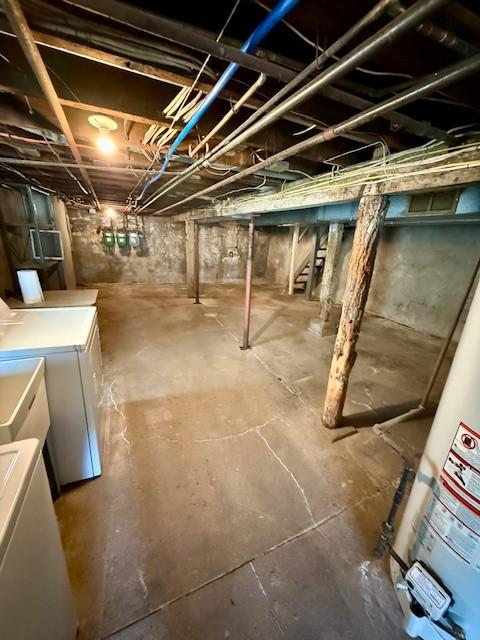 610 Southern Ave, Mt Washington, PA 15211 - unfinished below grade area with washer and clothes dryer, water heater, and stairs
