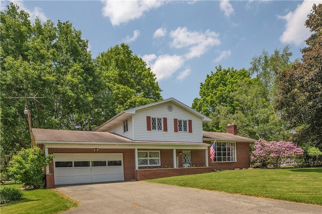 17 Lakeview Dr, Lackawannock Twp, PA 16159 - split level home featuring brick siding, a garage, asphalt driveway, a front lawn, and a chimney