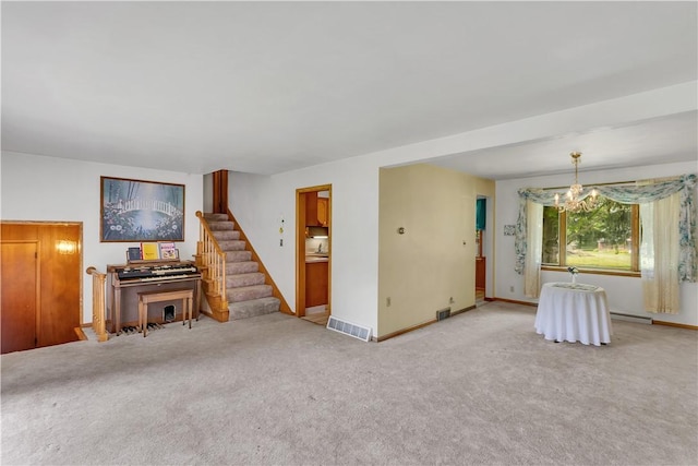 17 Lakeview Dr, Lackawannock Twp, PA 16159 - living room with a chandelier, carpet, stairway, and baseboards
