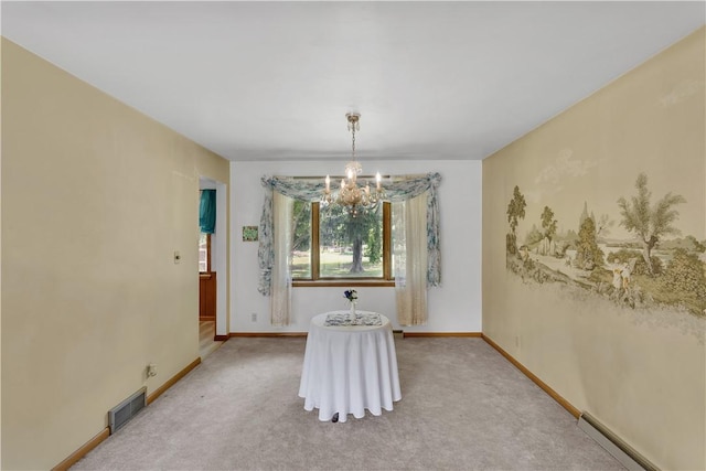 17 Lakeview Dr, Lackawannock Twp, PA 16159 - dining room with a chandelier, a baseboard heating unit, light colored carpet, and baseboards
