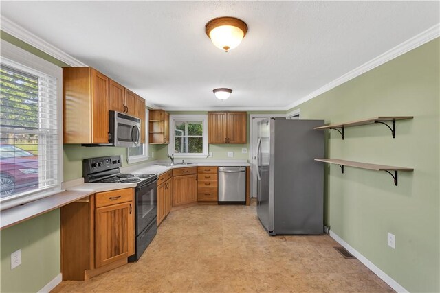 341 State Route 356, Washington Twp Wml, PA 15613 - kitchen with appliances with stainless steel finishes, open shelves, a sink, light countertops, and ornamental molding