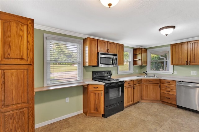 341 State Route 356, Washington Twp Wml, PA 15613 - kitchen with stainless steel appliances, a sink, light countertops, crown molding, and open shelves