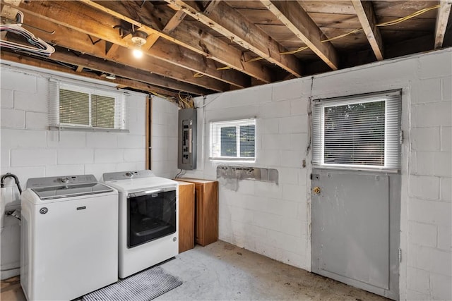 341 State Route 356, Washington Twp Wml, PA 15613 - laundry area featuring electric panel, concrete block wall, and washing machine and dryer