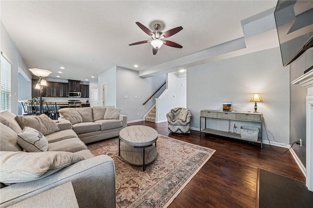 4054 Bentwood Dr, North Strabane, PA 15317 - living area featuring stairway, ceiling fan, baseboards, wood finished floors, and recessed lighting