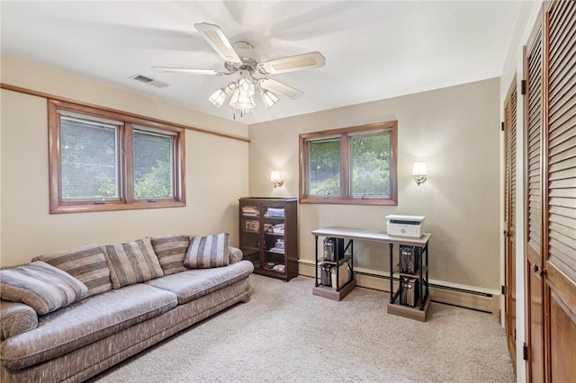 190 Pineview Dr, Pine Twp Nal, PA 15090 - living room featuring carpet flooring, a ceiling fan, a baseboard radiator, and baseboards