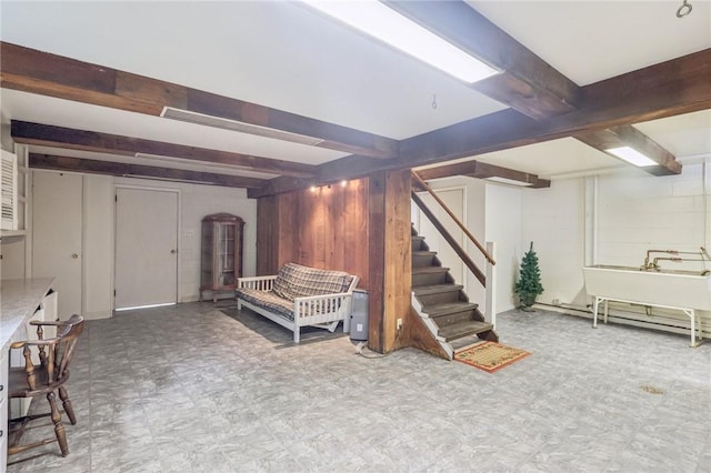 190 Pineview Dr, Pine Twp Nal, PA 15090 - finished basement with wooden walls, tile patterned floors, stairs, and a sink