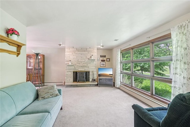 190 Pineview Dr, Pine Twp Nal, PA 15090 - carpeted living area featuring a stone fireplace and a baseboard radiator