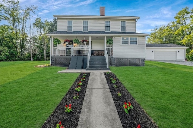 126 Scholl Ln, Rostraver, PA 15012 - view of front of house featuring covered porch, a chimney, a front lawn, and a detached garage