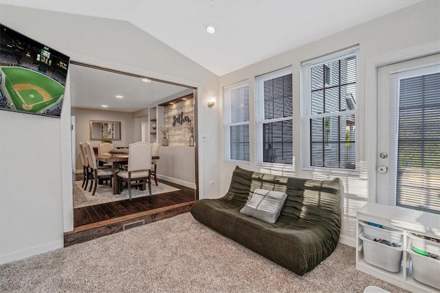 126 Scholl Ln, Rostraver, PA 15012 - living room featuring vaulted ceiling, baseboards, carpet flooring, plenty of natural light, and recessed lighting
