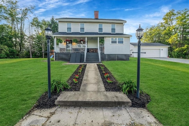 126 Scholl Ln, Rostraver, PA 15012 - view of front of property featuring covered porch, a front lawn, a chimney, and a detached garage