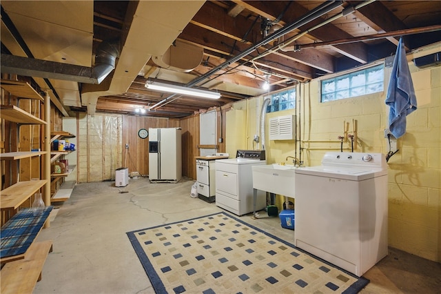 131 Howley Ave, Chippewa Twp, PA 15010 - below grade area with separate washer and dryer, white fridge with ice dispenser, and a sink