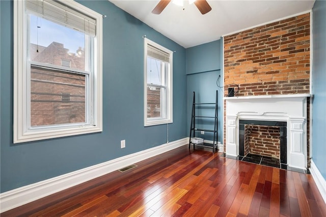 1812 Carey Way S, Side, PA 15203 - unfurnished living room with a ceiling fan, hardwood / wood-style flooring, healthy amount of natural light, and a large fireplace