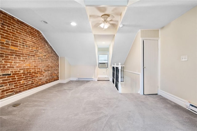 1812 Carey Way S, Side, PA 15203 - unfurnished living room with brick wall, carpet floors, a baseboard heating unit, a ceiling fan, and baseboards