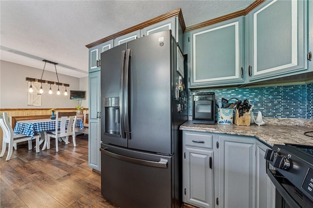 922 Old Ridge Rd, Cross Creek Twp, PA 15340 - kitchen with stainless steel fridge with ice dispenser, range, a textured ceiling, tasteful backsplash, and dark wood-style floors
