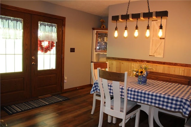 922 Old Ridge Rd, Cross Creek Twp, PA 15340 - dining room with dark wood-style floors, wainscoting, french doors, and wooden walls