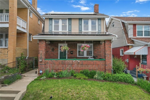 1403 Creedmoor Ave, Brookline, PA 15226 - view of front of house with roof mounted solar panels, brick siding, and a chimney