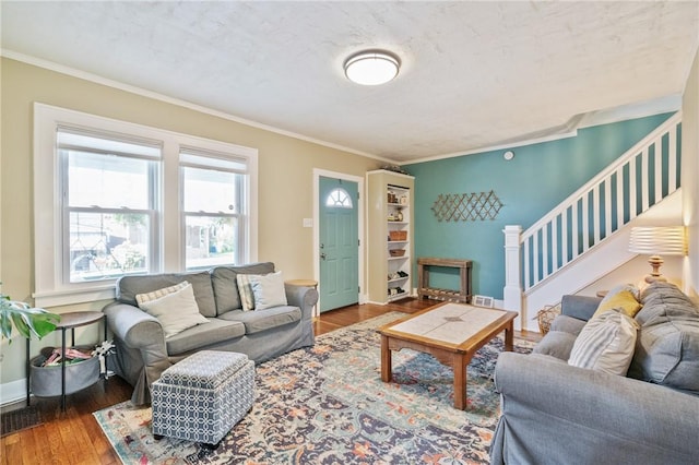 1403 Creedmoor Ave, Brookline, PA 15226 - living area with wood finished floors, crown molding, stairway, and baseboards