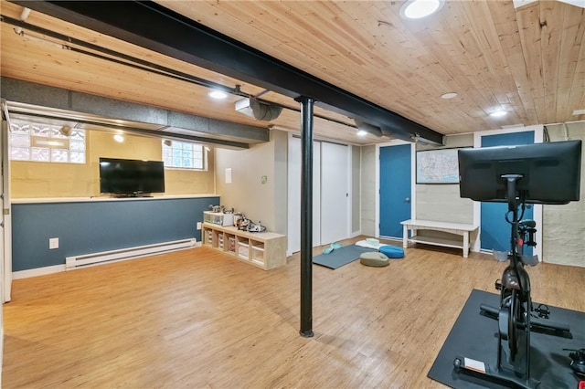 1403 Creedmoor Ave, Brookline, PA 15226 - exercise room with a baseboard heating unit, wood finished floors, wood ceiling, and baseboards