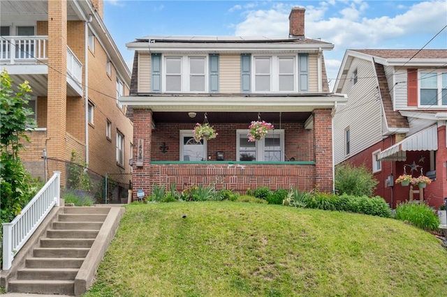 1403 Creedmoor Ave, Brookline, PA 15226 - view of front of property with brick siding, a front lawn, a porch, and a chimney