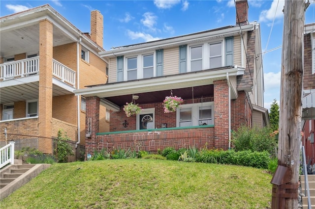 1403 Creedmoor Ave, Brookline, PA 15226 - view of front facade with brick siding, a front yard, a chimney, and a porch